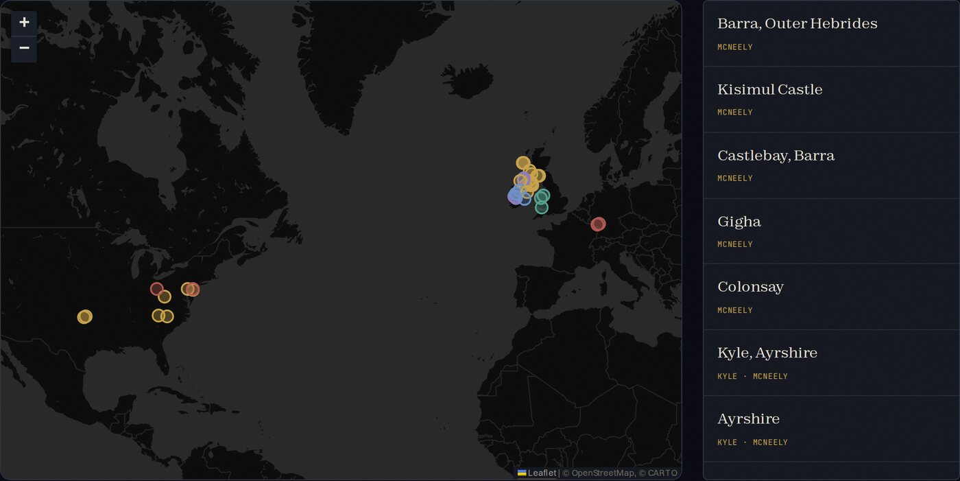 An interactive map of ancestral places filtered by surname line, with a scrollable list of places beside it.