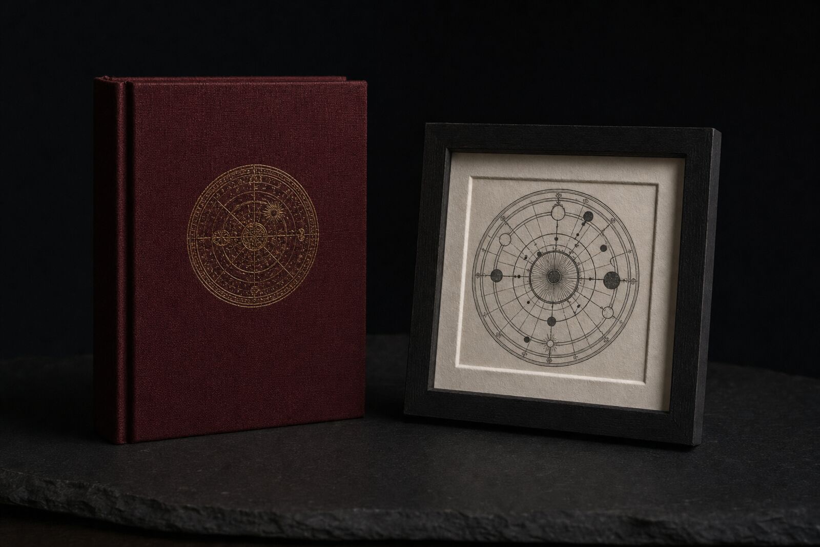 A cloth-bound hardcover book with a foil-blocked circular emblem beside a framed letterpress-style natal wheel print.